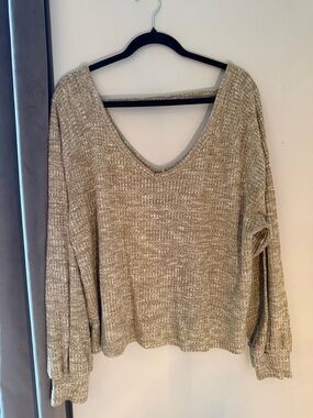 SO Cozy Pop Waffle Knit V-Neck Sweater Taupe Oversized Long Sleeve